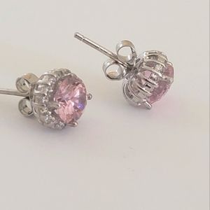 925 Sterling Silver diamond and pink gemstone studs new earrings